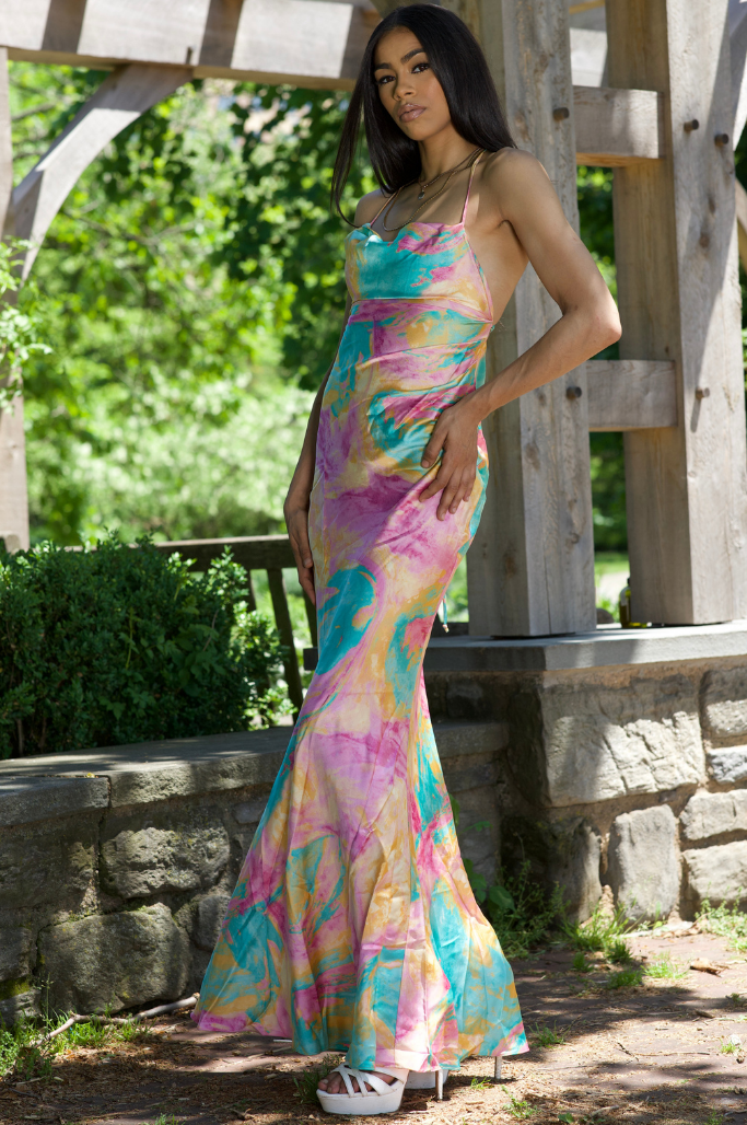 Ariel | Pink WaterColor Maxi Slip Dress