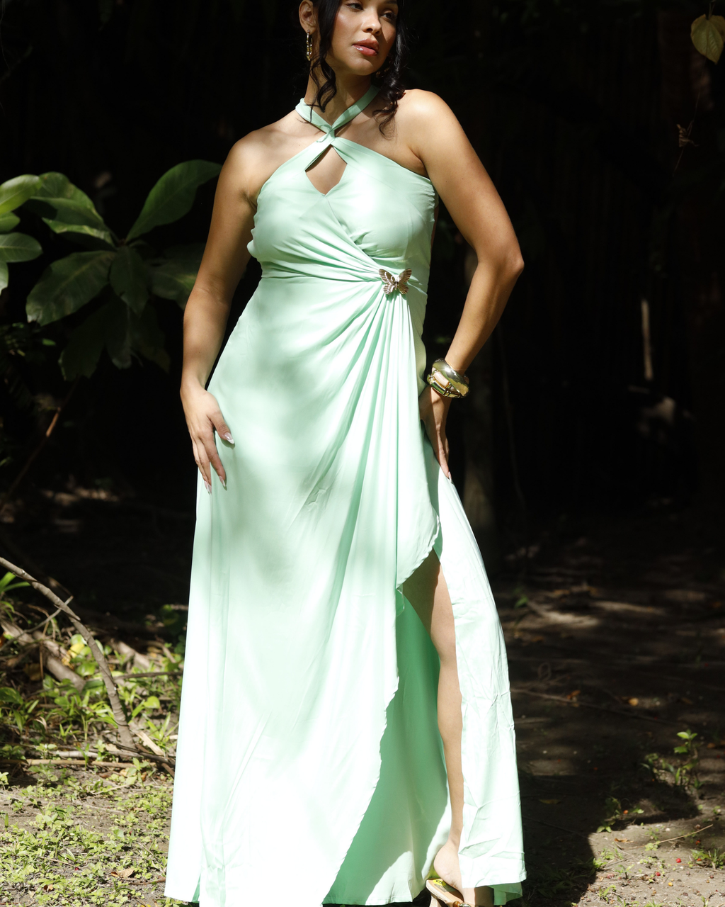 Pre-Order: Rhea | Mint Maxi Dress With Butterfly Brooch