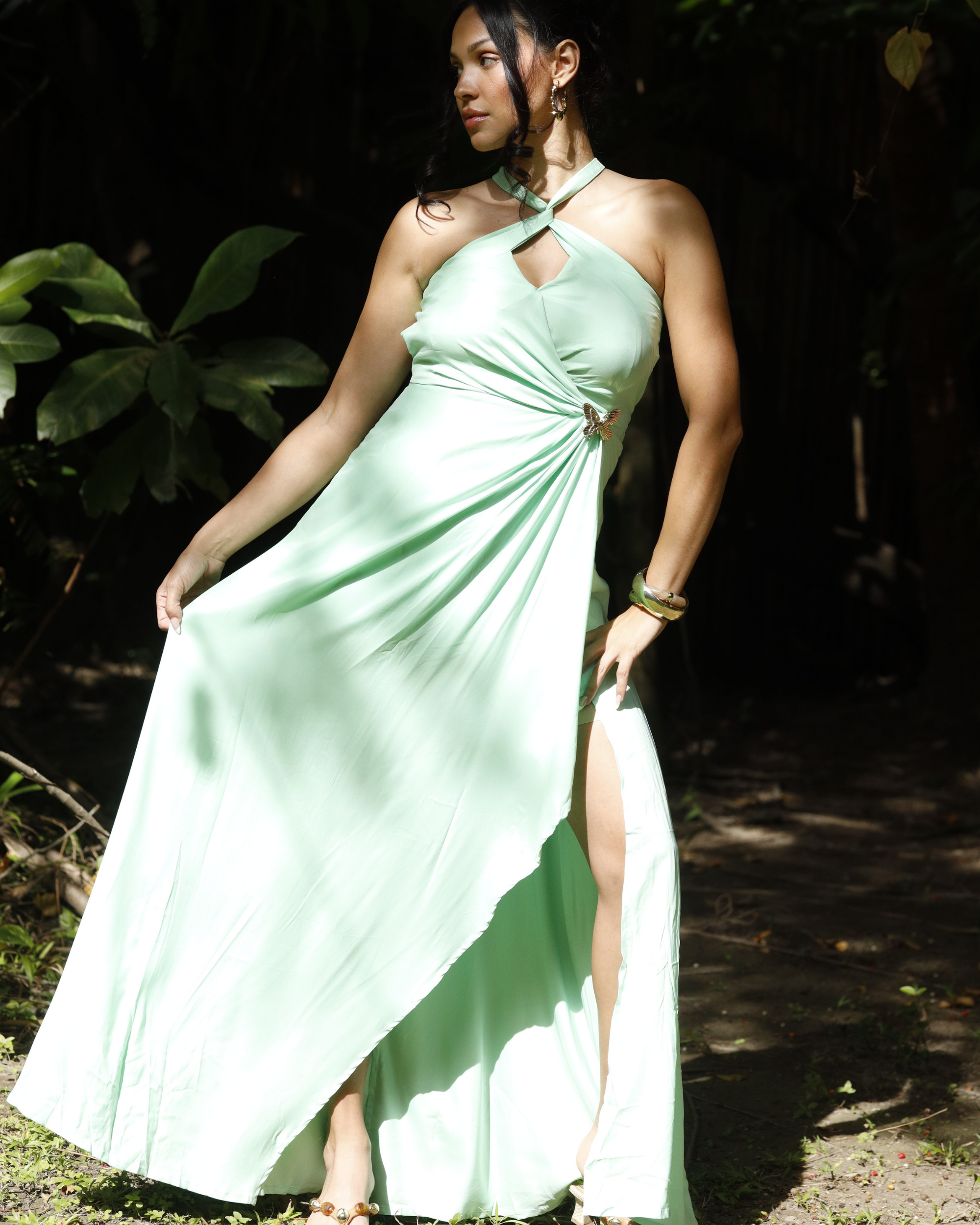 Pre-Order: Rhea | Mint Maxi Dress With Butterfly Brooch