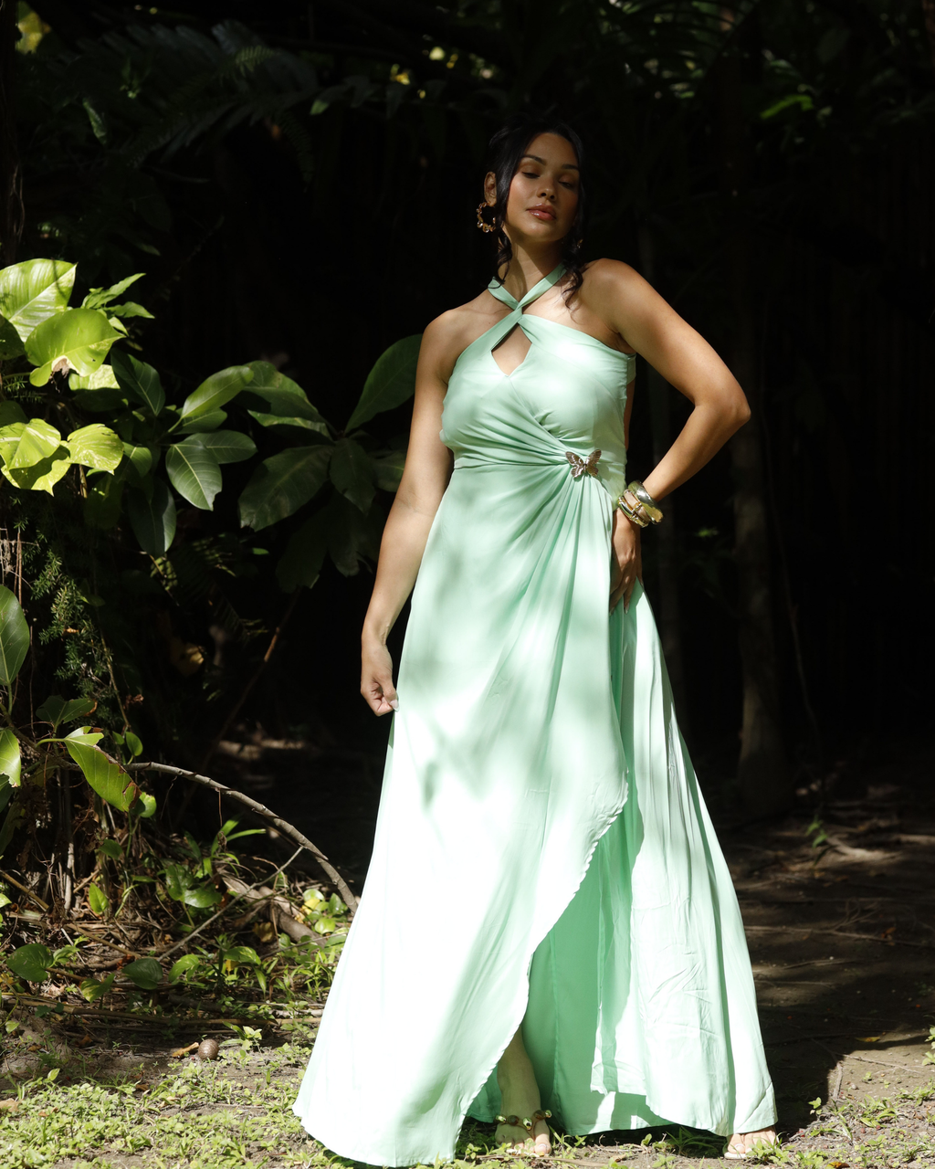 Pre-Order: Rhea | Mint Maxi Dress With Butterfly Brooch