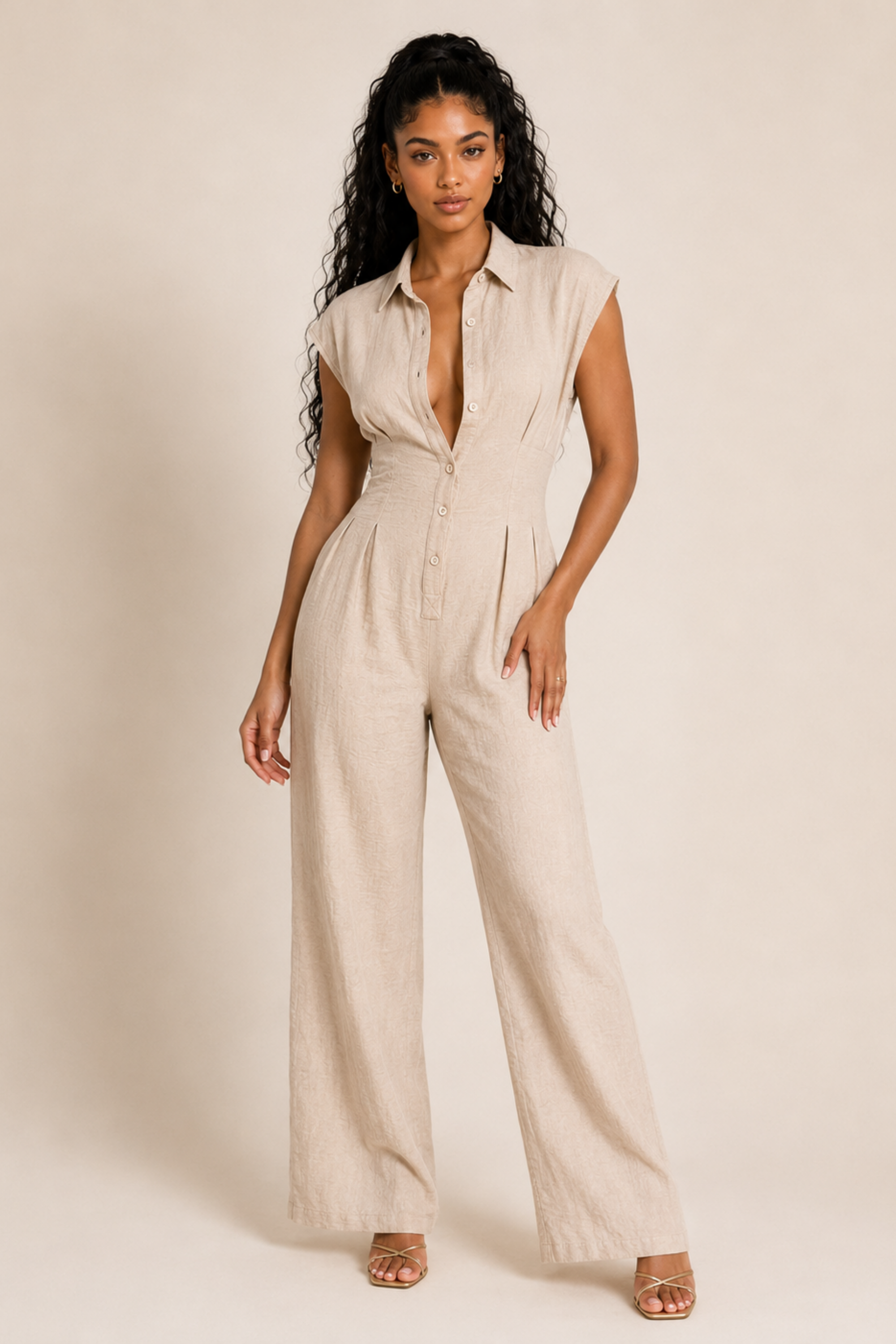 Soleia | Cap Sleeve Button Front Jumpsuit