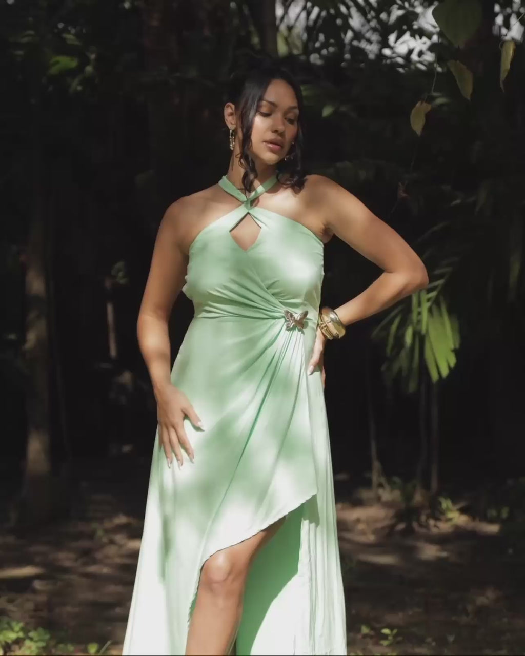 Pre-Order: Rhea | Mint Maxi Dress With Butterfly Brooch